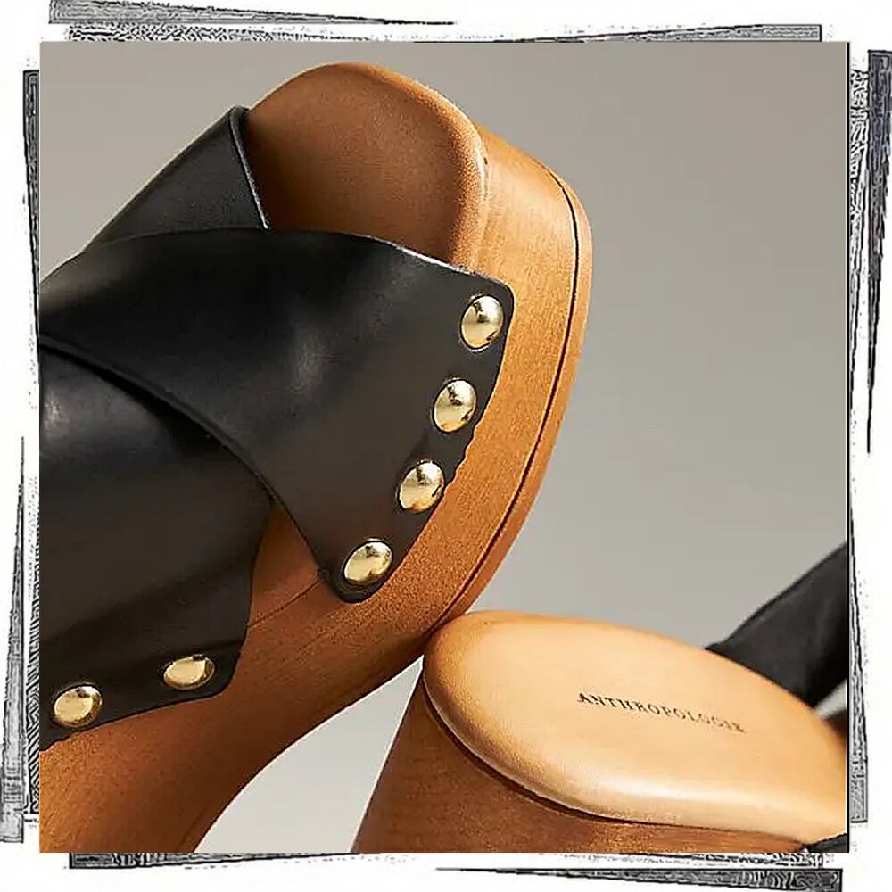 NWT: Black Leather Cross Strap Wedge Heels (39 EU) by Anthropologie - Picture 3 of 3